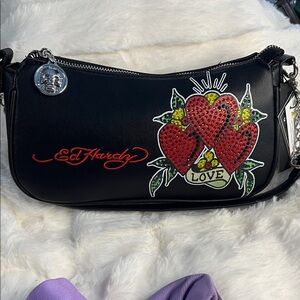 Ed Hardy Black Shoulder Bag with Red and Green Design NWT